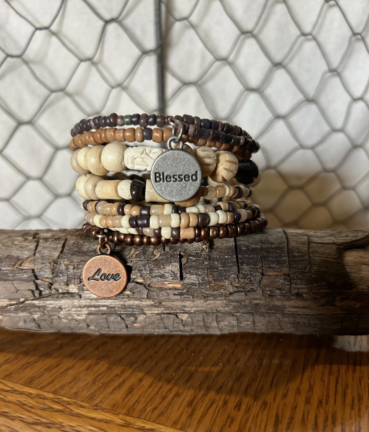 Boho Wood Bead Wrap Bracelet With Two Charms
